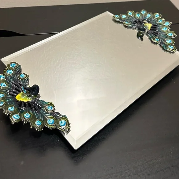 Vintage Enamel Rhinestone Pewter Peacock Mirror Vanity Tray